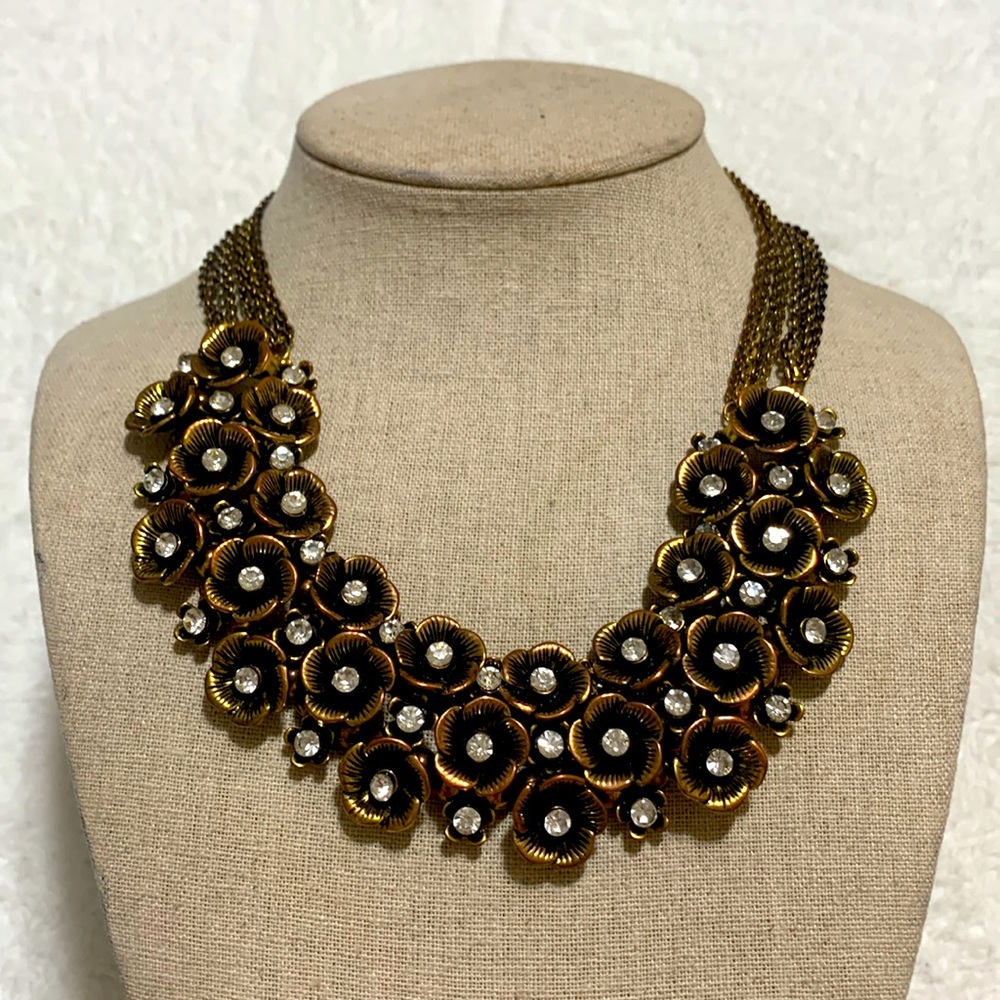 Flower bib necklace brass copper gold tone